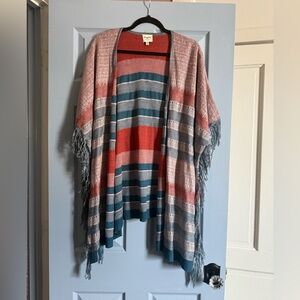 Hayden Red/Orange and Blue Striped Fringe Poncho